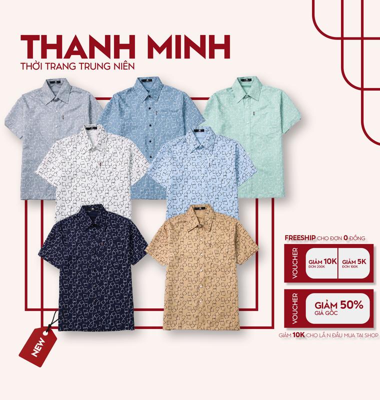 Áo Sơ Mi trung niên ngắn tay vải lụa có túi, vạt ngang xẽ tà họa tiết ô vuông đan chéo nhau, bảng 7 màu đa dạng.