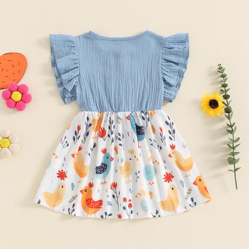 Product Introduction of Girls A-line Dress, Fly Sleeve Crew Neck Bow Chicken Print Casual Dress Summer Dress 44
