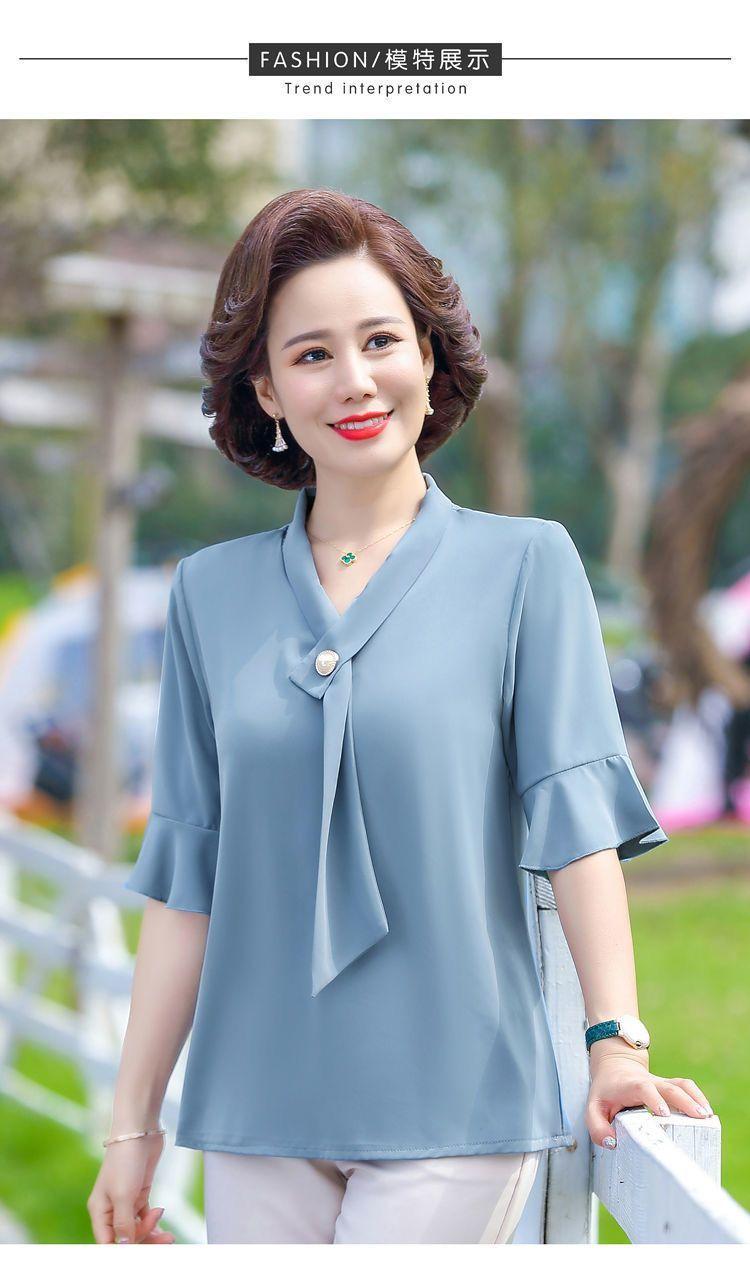 Product Introduction of Áo Phong Cách Phương Tây Ngắn Tay, Quần Áo Cho Mẹ, Thích Hợp Cho Mẹ TRUNG NIÊN Và TRUNG NIÊN, Hàng Mới Về, Dáng Rộng Vừa Vặn, Làm Bằng Voan, 40-50 Tuổi Nữ Top Women Shirt Sơ Mi 17