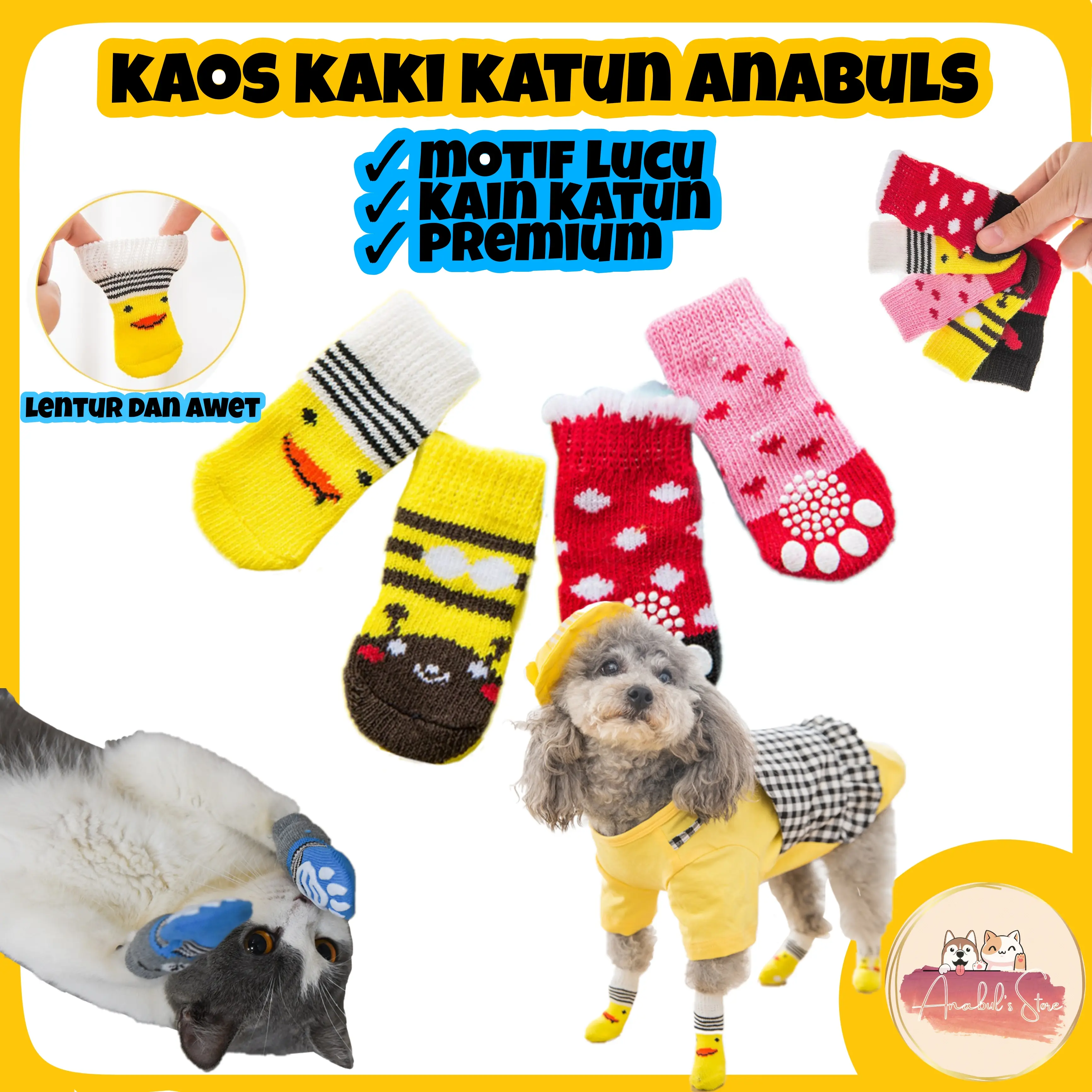 Kaos Kaki Kucing Anjing Katun Polyester Premium Anti Slip Motif Lucu
