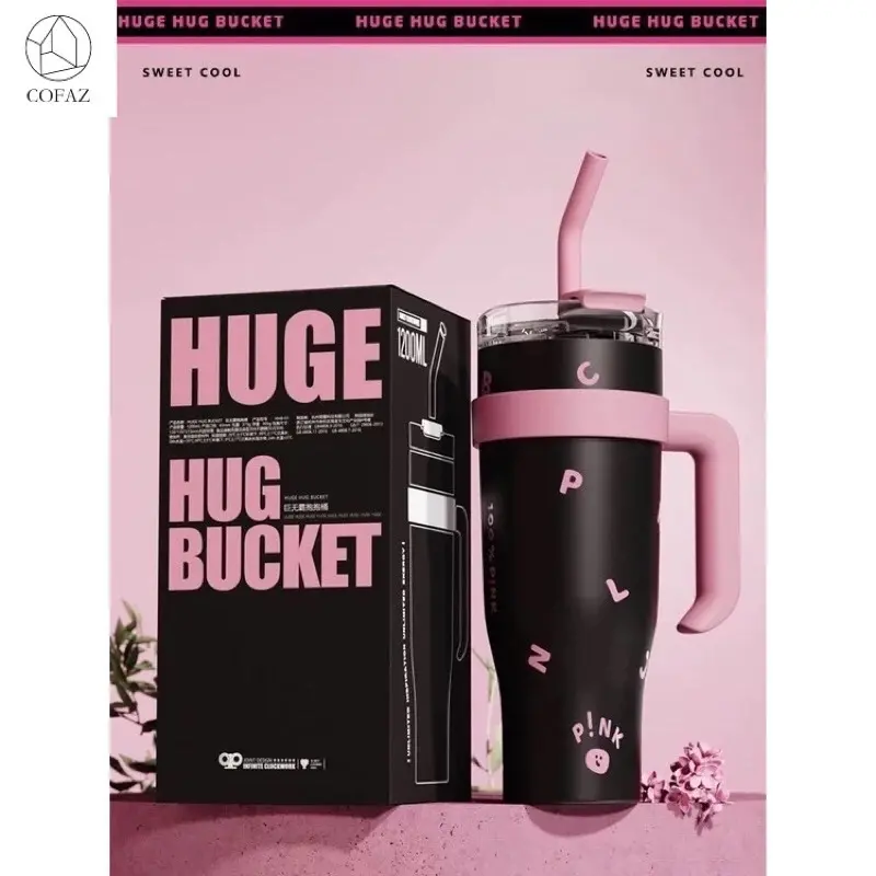 Cốc ly giữ nhiệt inox BNT Official BLACKPINK màu hồng và đen 1200ml kèm ống hút 0