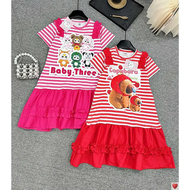 [MinMinKid2] (18-40kg dưới 1m5) Váy thun cotton kẻ sọc in hình BabyThree phối tùng váy đuôi cá NHÚN BÈO cho bé gái 0
