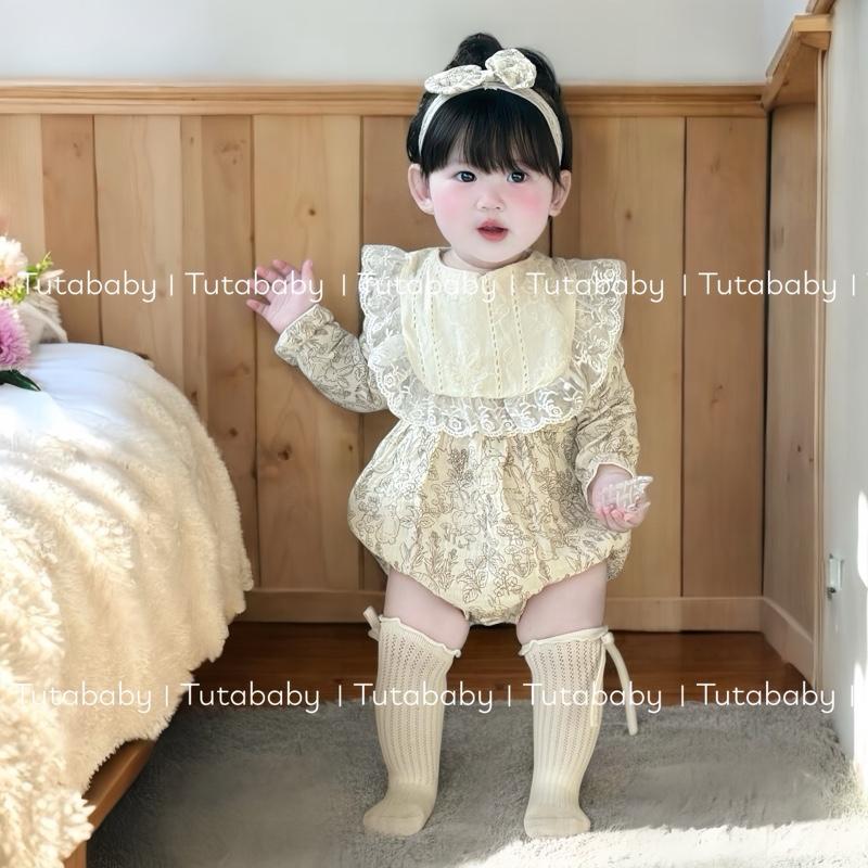 Bodysuit Cho Bé Set 3 Chi Tiết Body Xô Muslin Thỏ Kèm Yếm Và Turban Nơ Ren Xinh Xắn Set Body Dài Tay Cho Bé 3-11kg