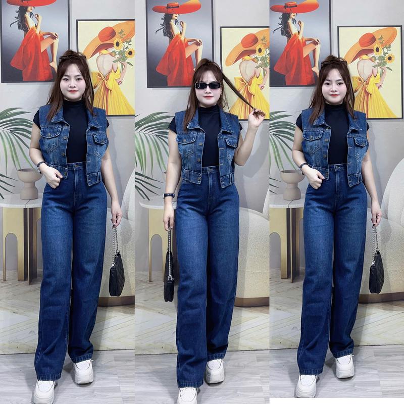 Sét Jean Nữ CC Gồm Áo Jean Gile Và Quần Jean Ống Suông - Chất Jean Mềm Mịn