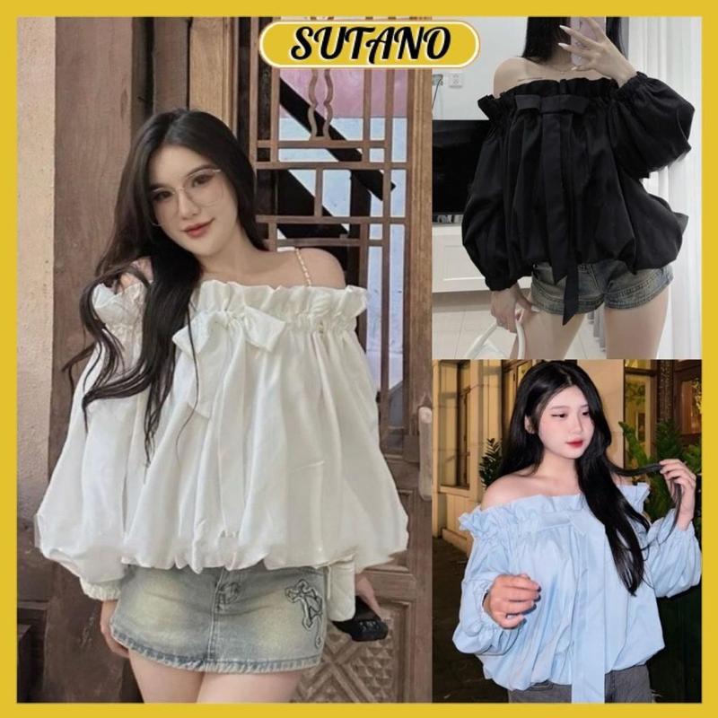 Áo sơ mi trễ vai tay bồng đính nơ ᵰgực 2 lớp dáng bí bèo tai tiểu thư A257 SUTANO