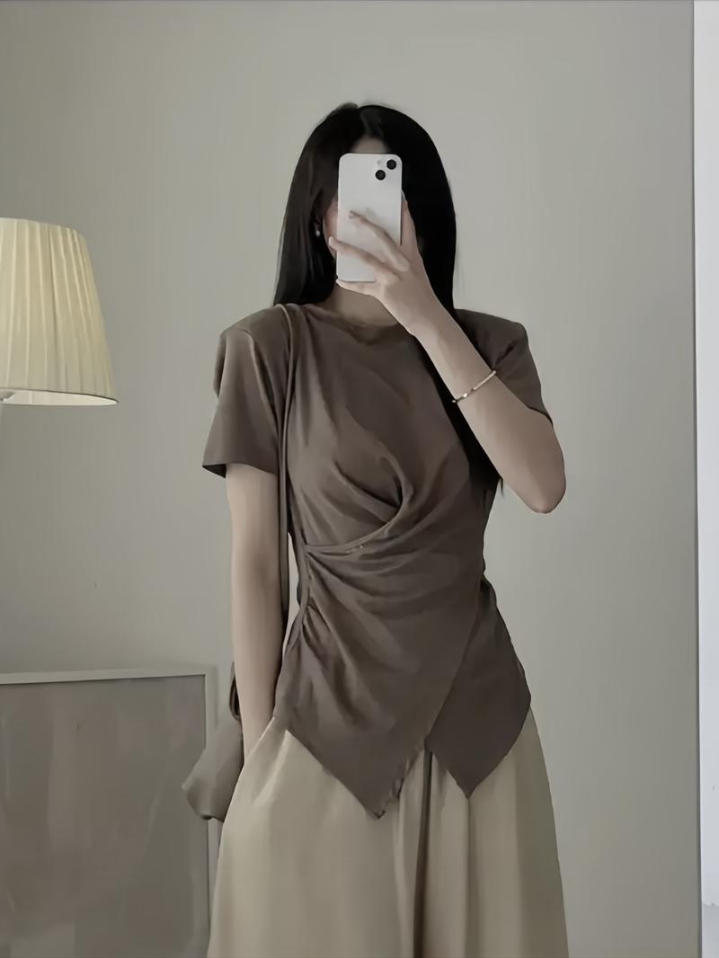 Product Introduction of Áo thun kiểu nữ bigsize 50-90kg áo thun gân tăm xoắn eo, cổ tròn , áo cộc tay vạt chéo Cổ tròn 7