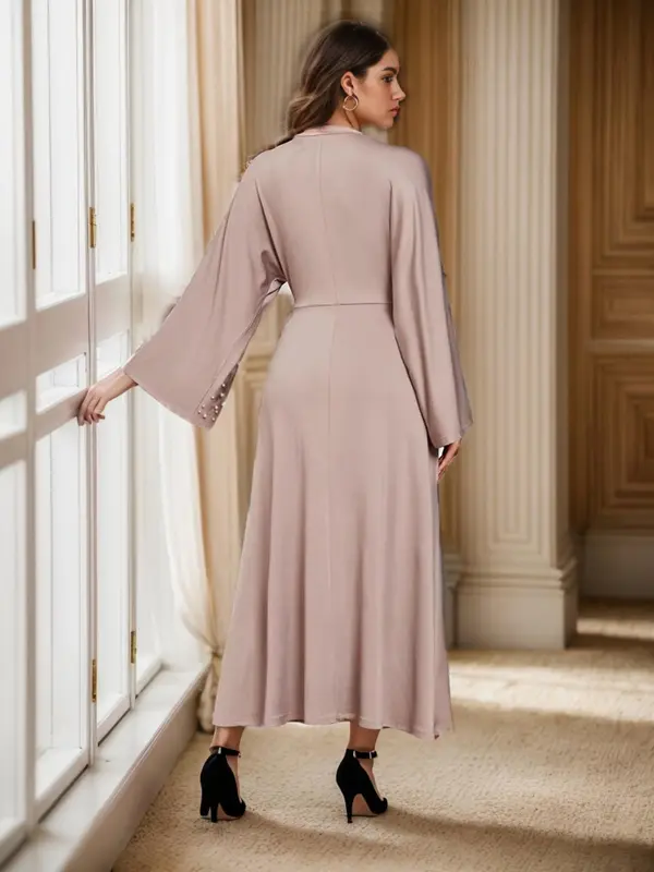 Women's Plain Twist Wrap V Neck A Line Dress, Elegant Long Sleeve Long Dress for Spring & Fall, Eid Outfits for 2024, Women's Clothing for Party Banquet 1