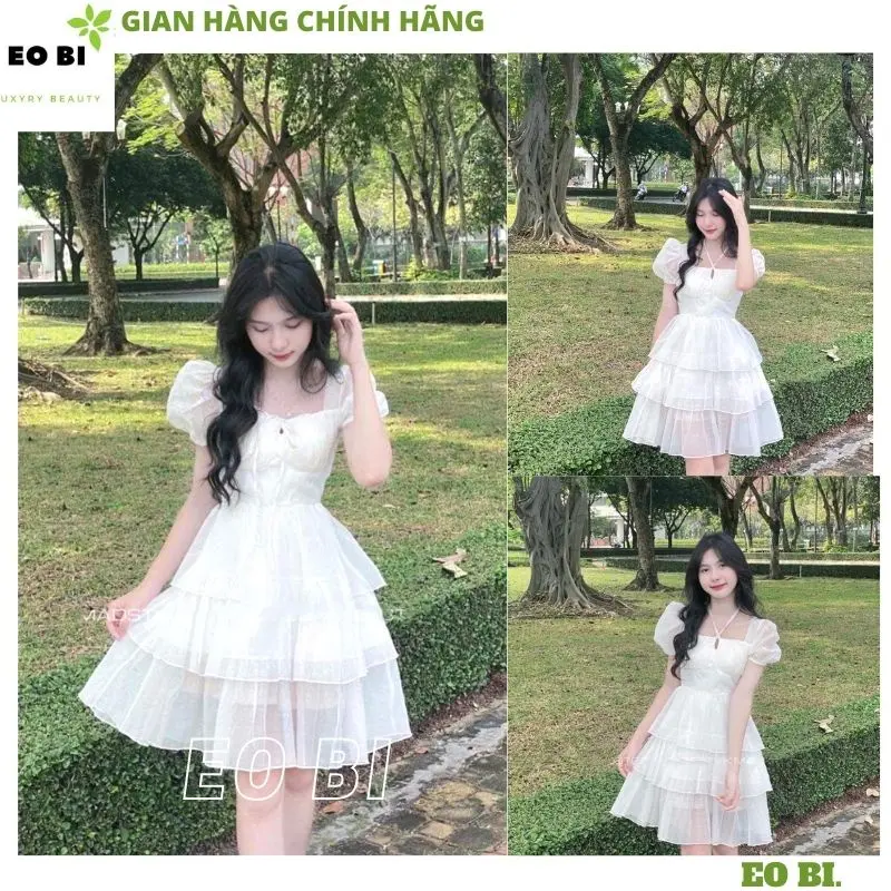 Váy công chúa cổ yếm 3 tầng bánh bèo bồng bềnh, Đầm voan trắng 2 lớp tiểu thư điệu đà đi chơi đi tiệc cực xinh - EOBI Nữ Women Dress