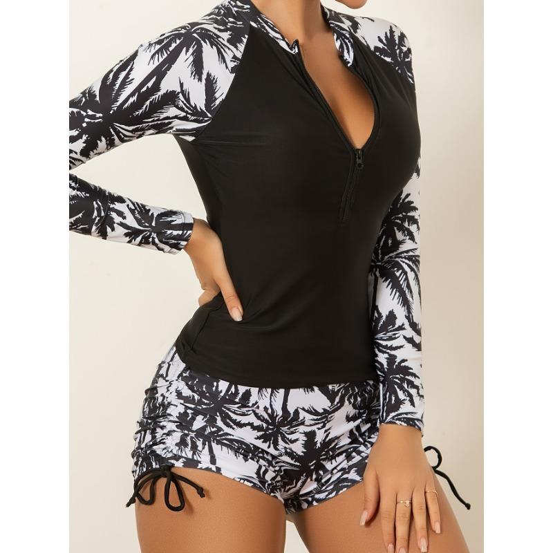 [Coconut Surfing Suit] 2pcs Women's Long Sleeve Coconut Tree Print Sunscreen Surfing Suit Swimsuit 2