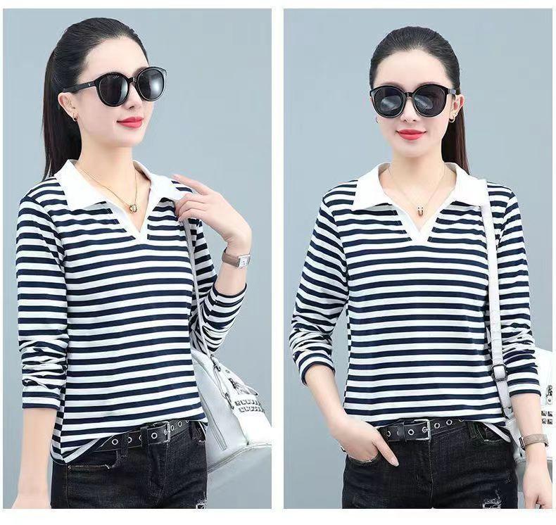 Product Introduction of Youthful Turn-down Collar T-shirt Striped Slim Fit Women Spring Autumn 2024 New Age-reducing Polo Collar Long Sleeve T-shirt 18