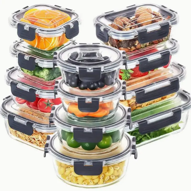 Food Storage Container Set, 12pcs/set Leak Proof Glass Food Storage Box with Lid, Microwave & Dishwasher Safe Food Container for Home Kitchen