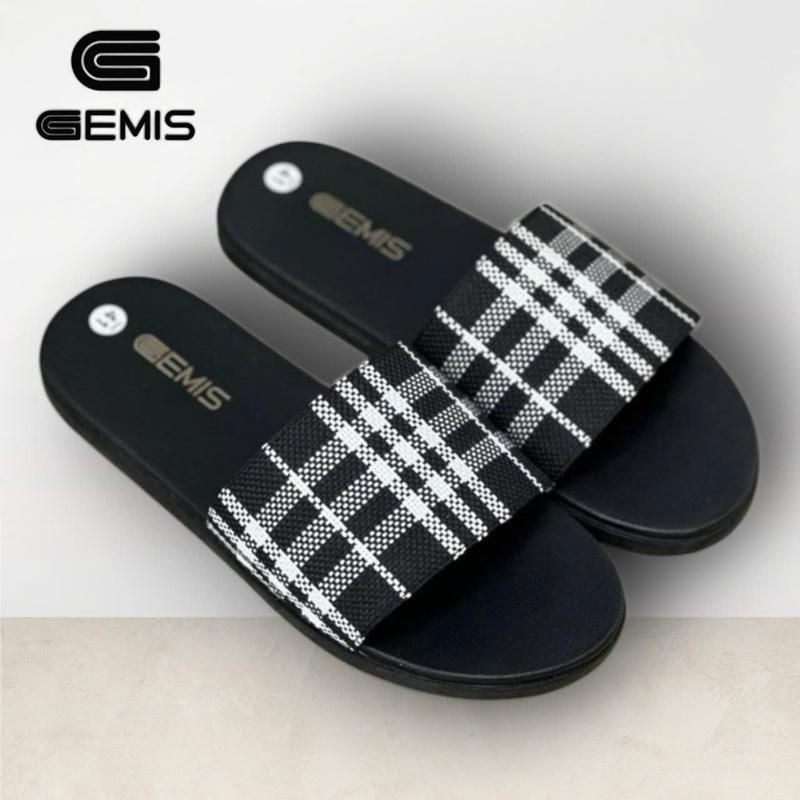 Dép Lê Nam Quai Ngang BBR Bản Đẹp Màu Đen Kẻ Ô Trắng - Gemis - DéP, Nhung Cao Su Đế Bằng Slipper bbg đi dep chong