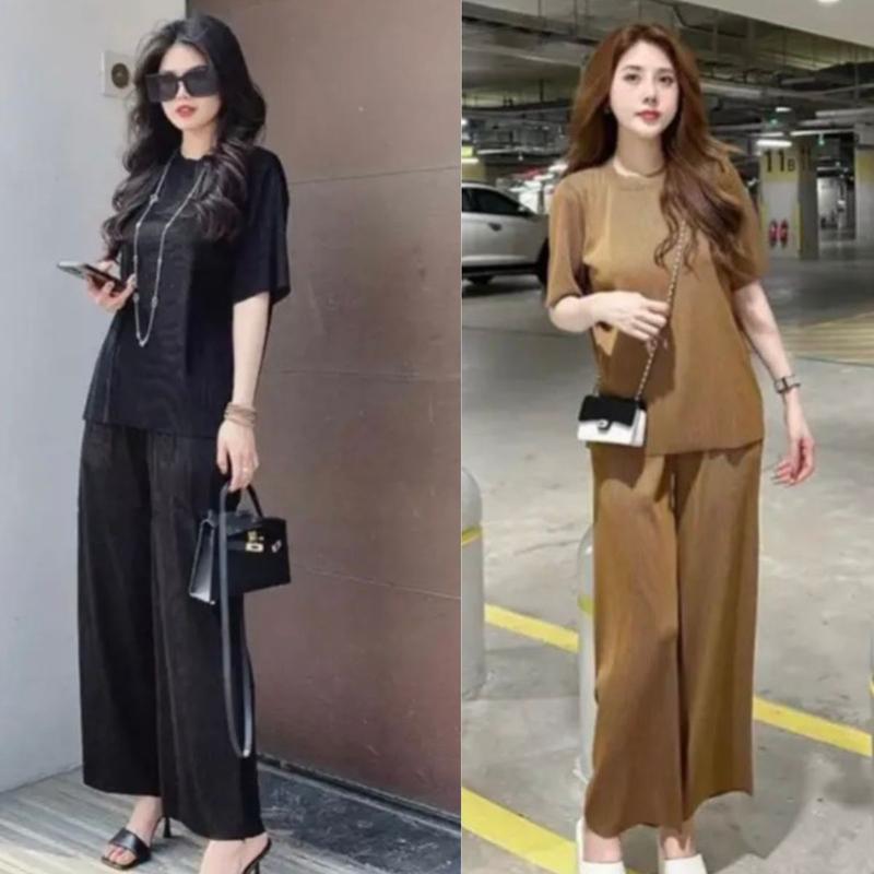 Đồ Bộ Nữ Quần Ống Rộng Bigsize Vải Thun Gân Tăm Li Áo Tay Lỡ Set Đồ Nữ Đẹp Sang Chảnh ESHOP Đồ Mặc Nhà Dễ Thương Xinh Tay Loe Women Quần Ngủ Nhung Ong