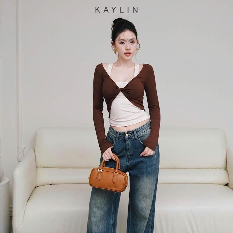  Set KAYLIN bộ 2 áo thun kiểu xoắn tay dài phối áo thun ba lỗ cotton thun mỏng nhẹ co giản phong cách - N2432 Nữ Women Croptop 
