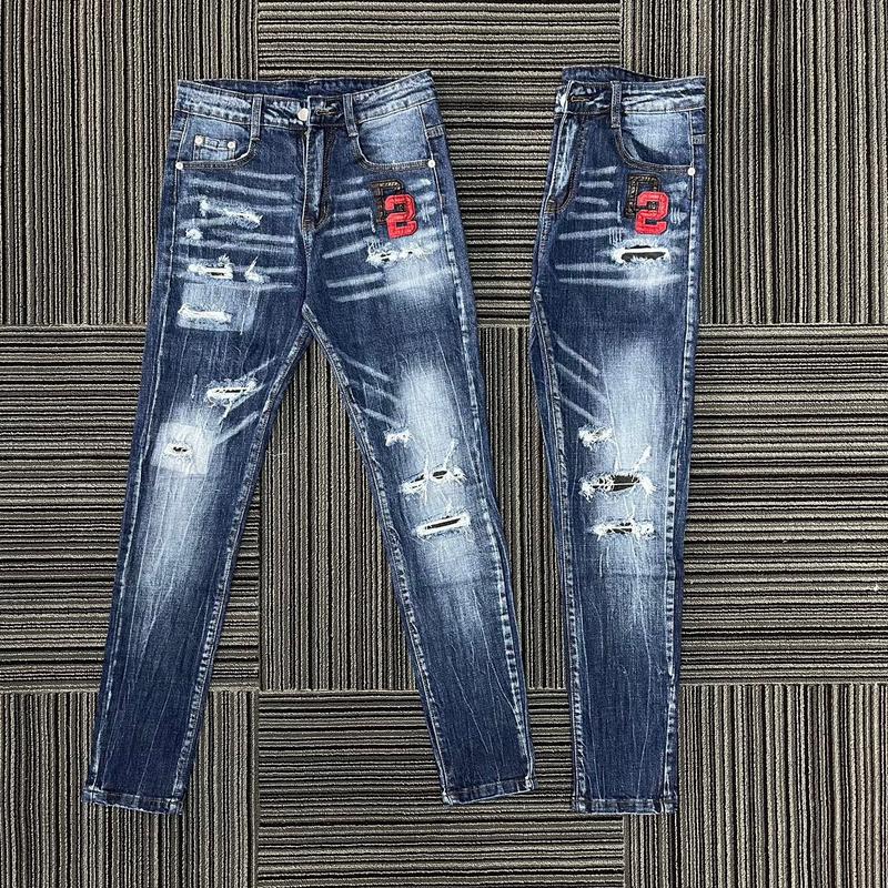 Quần jean d2 thêu da túi rách xù nhiều miếng có lót Menswear Nam Xanh Pants Có Túi