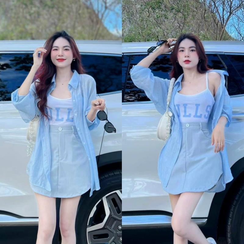 Set bộ đồ nữ 3 món lót 2 dây họa tiết chữ phối khoác sơ mi mix chân váy vạt bầu xinh xắn. Top Women Cotton