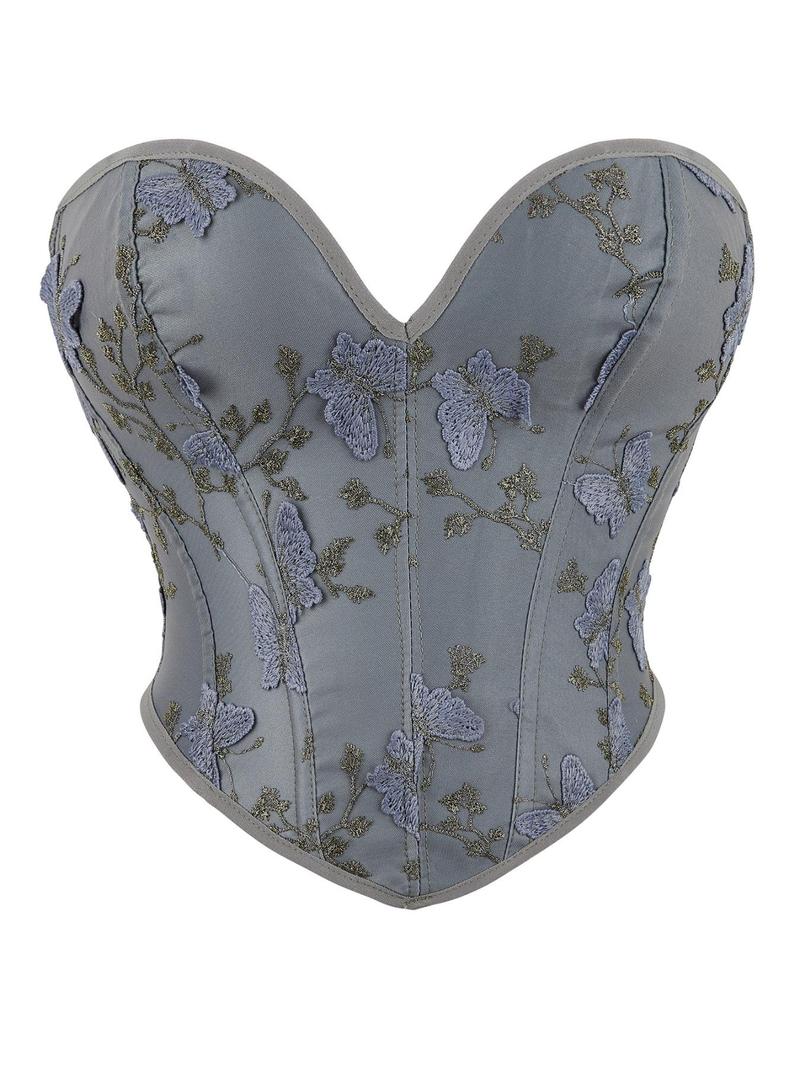 Product Introduction of Women's Butterfly Embroidery Lace Up Strapless Shapewear, Tie Back Asymmetrical Hem Corset, Tummy Control Shaper Crop  Top for Daily Wear 7