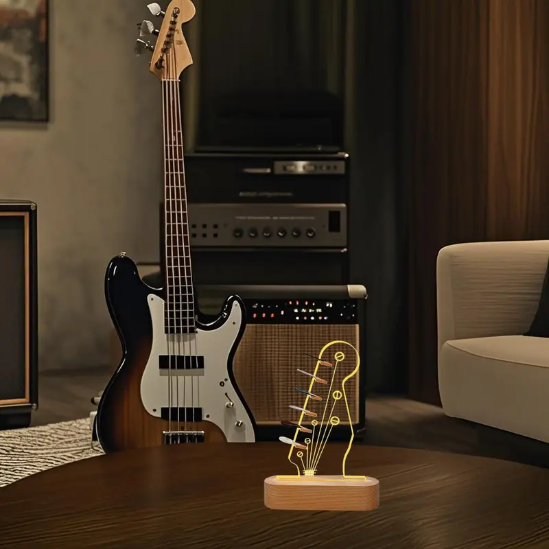 Guitar Shaped USB Rechargeable Night Light, Creative Guitar Design Ambient Night Light with Wooden Base, Decorative Light for Home Bedroom Living Room 7