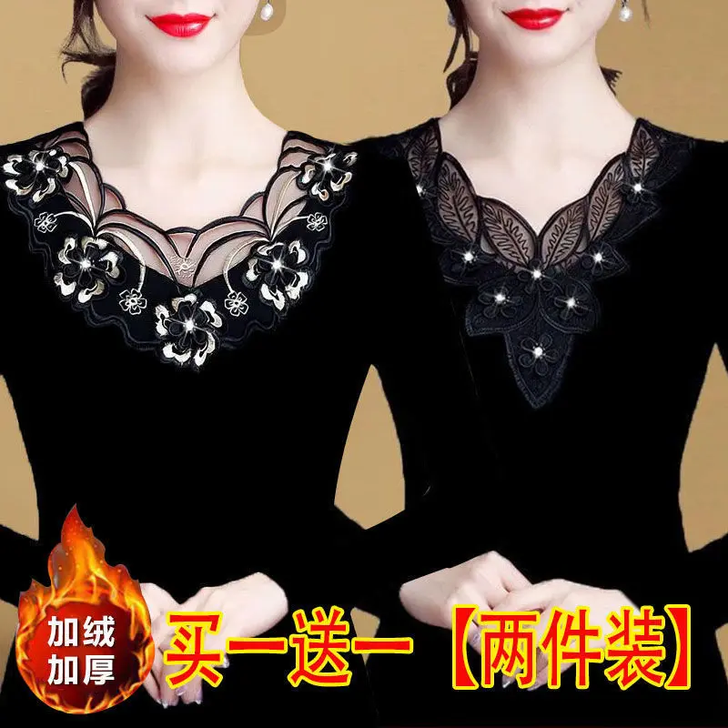 Áo Lớp Nền Ren Lưới, Mỏng / Lót Lông Cừu, Thời Trang, Ấm Áp, Dành Cho Phụ Nữ Và Trẻ Em Gái, Dài Tay, Dày Dặn, Ngoại Cỡ, Áo Phông, Áo Nữ Women Top