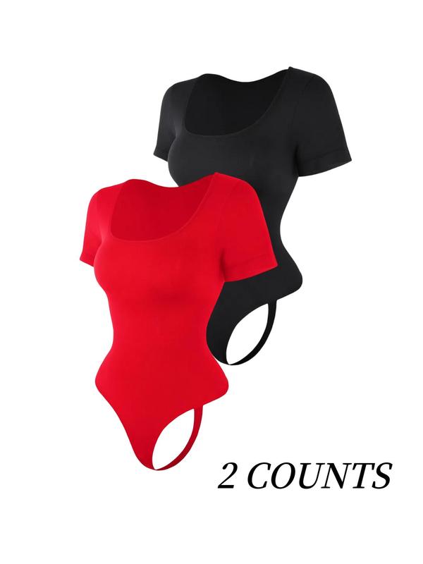 Women's Solid Square Neck Short Sleeve Shapewear Bodysuit, Tummy Control Butt Lifting Button Closure Crotch Shaper, Women's Waistband Shaping Bodysuit for All Seasons, Underwear for Women 1
