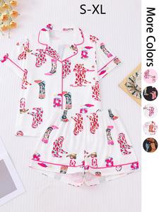 Women's All Over Print Top & Shorts Pyjama Two-piece Set, Casual Comfy Button Front Top & Shorts Pj Set, Ladies Summer Sleepwear, Loungewear, Pajamas, Womenswear