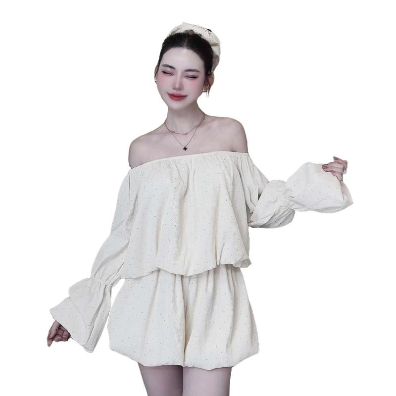 S27 - Set 2 Món Áo Bẹt Vai Đính Đá + Quần Bí Nữ Nhung Women