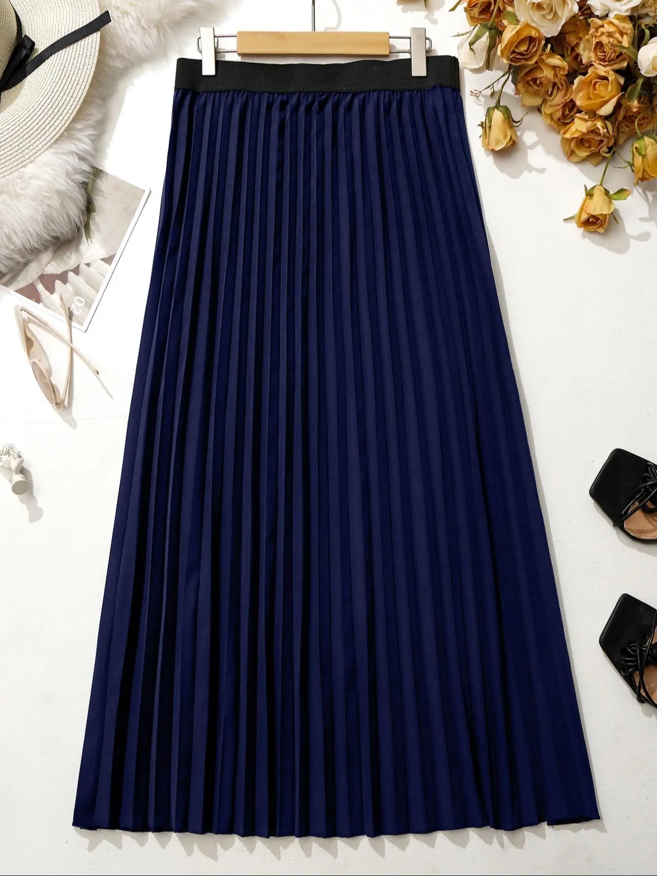 【Plus Size】 Solid Pleated Skirt, National Day Clothing, Elegant Fashion A-line Skirt for Daily Outdoor Wear, Women Plus Clothing for Summer