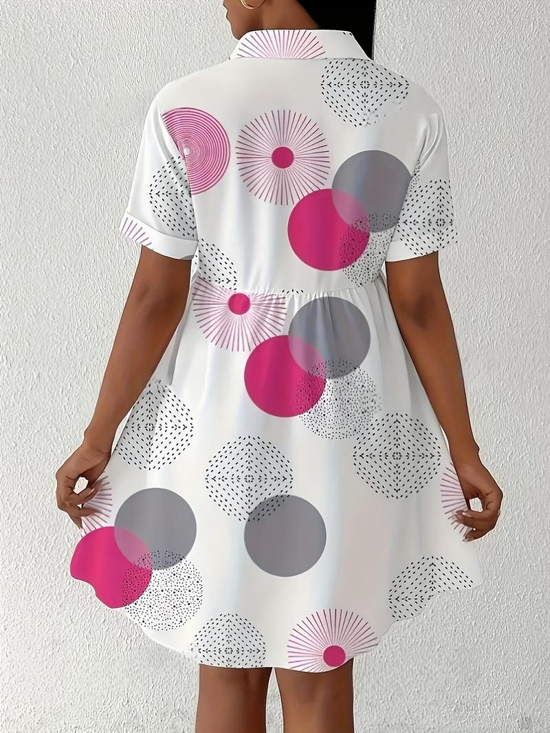 Product Introduction of 【Plus Size】 All Over Print Shirt Dress, Casual Short Sleeve Collared Dress for Summer, Women's Clothes for Daily Wear 2