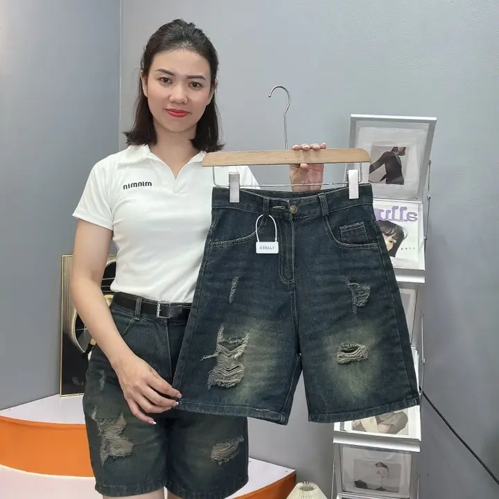 quần ngố bò thêu min min rách Jean ngố thêu ngố cạp cao ngố rách ngố suông Nữ 0