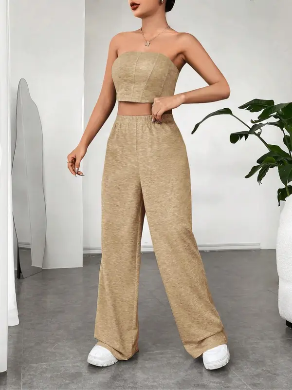 Women's Solid Crop Tube Top &  High Waist Elastic Waist Wide Leg Pants Set without Necklace, Summer Clothes Women, Mean Girls Basic Comfort Cropped Top & Trousers 7
