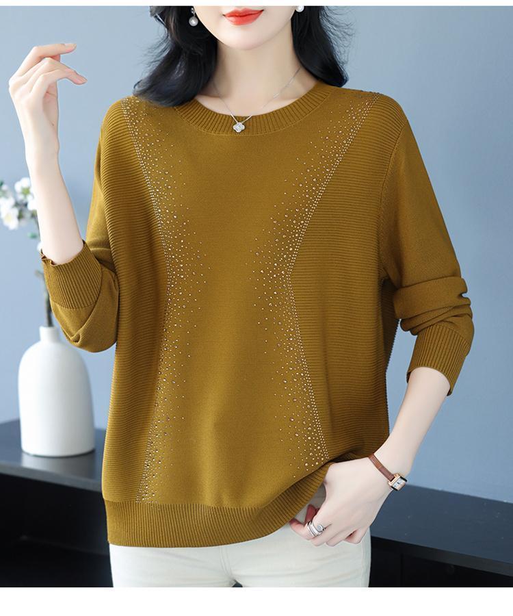 Product Introduction of Knatwear women's round neck rhinestone sweater new fashion mom loose Western style knits long sleeve thin top crop 15