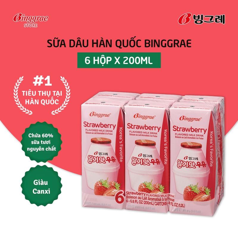 Lốc Sữa Dâu Hàn Quốc Binggrae Strawberry Milk 200ml x 6 hộp