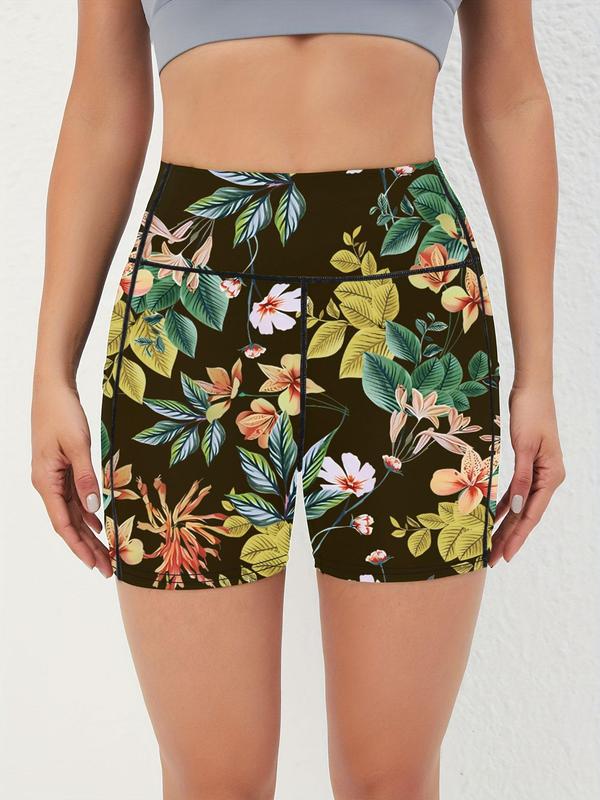 Sporty Women's Floral & Leaf Print Pocket High Waist Sports Skinny Gym Shorts, Casual Comfy Breathable High Stretch Seamless Short Leggings for Yoga Gym Workout Running, Ladies Sportswear 4