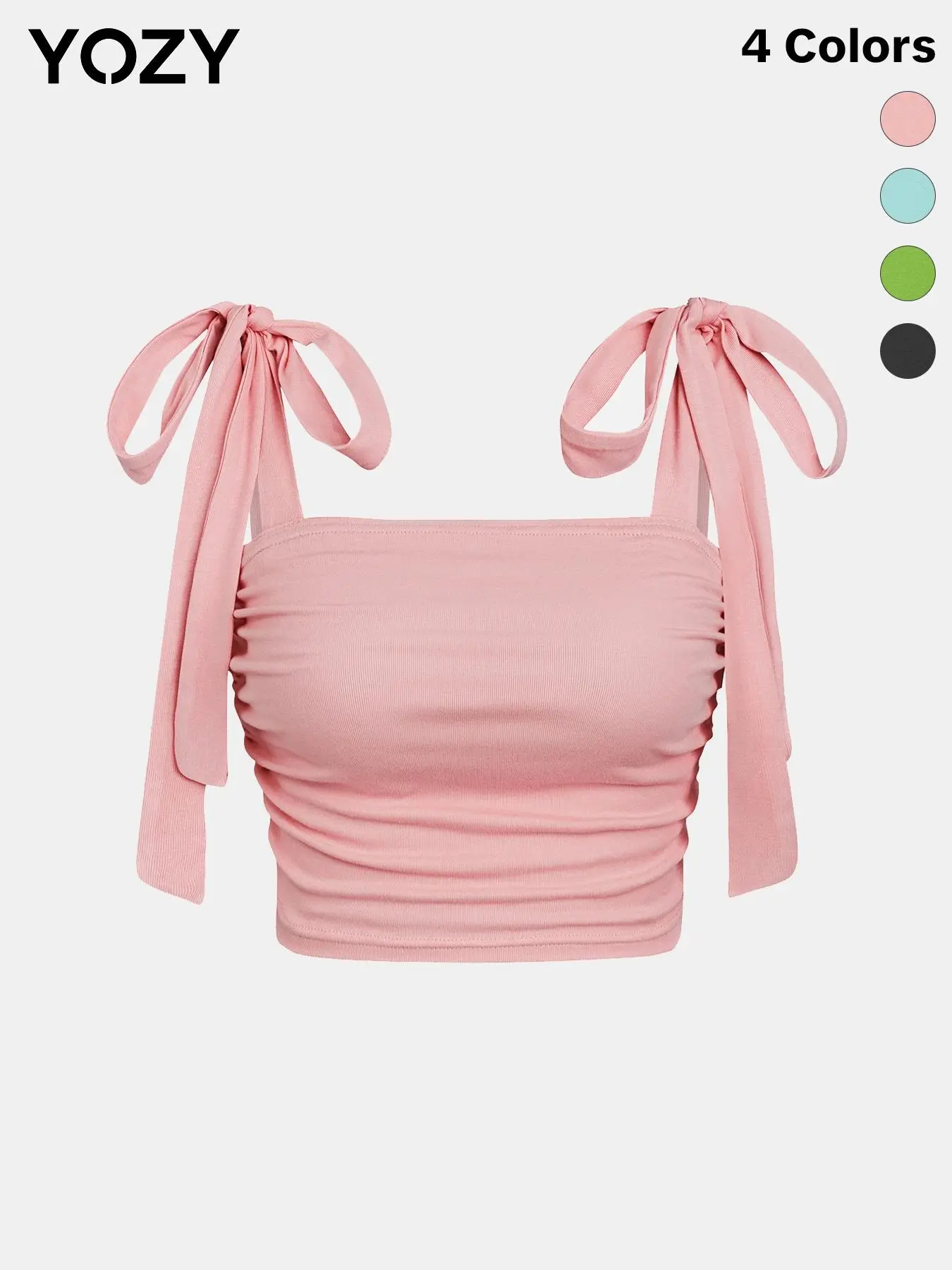 YOZY Ruched Tie Shoulder Crop Tank Top, Chic Casual Square Neck Sleeveless Top, 2024 Women's Summer Outfits for Daily Wear