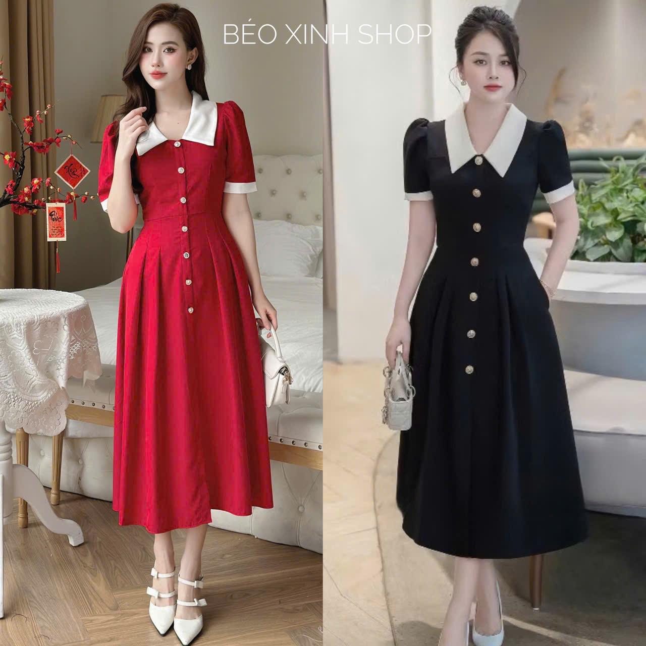 Thời Trang Bigsize Váy Dự Tiệc Cổ Bẻ Cao Cấp Thanh lịch 50 - 100Kg Nữ Cotton Dress Women Đen - A.1451
