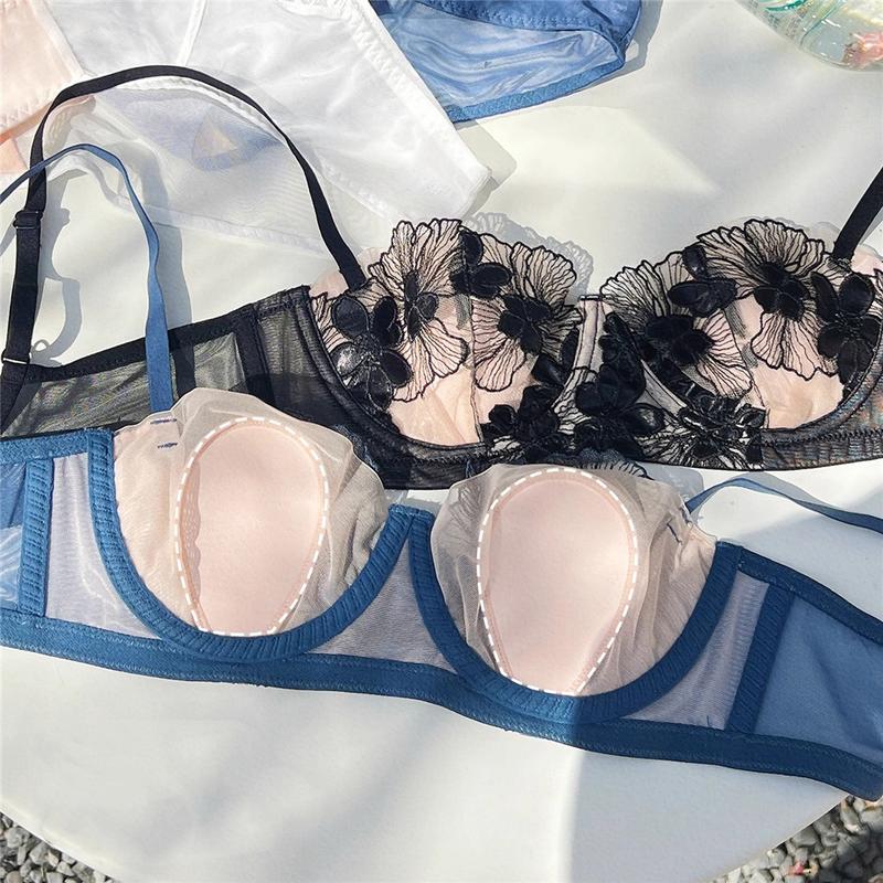 Set Bra, Pakaian Dalam Perancis, Untuk Wanita, Hitam, Renda Seksi, Boleh Laras, Tekan Tubi, Perhimpunan Ultra Nipis, Bernafas minimizer  bra 5