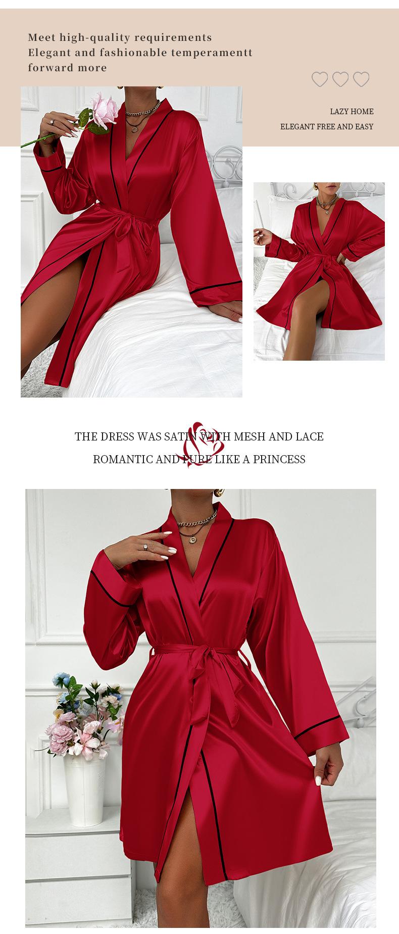 Product Introduction of 2025 Simple Four Seasons Long Sleeve Robe Cardigan Tie Women'S Bathrobe Loungewear European And American Style Imitation Silk Pajamas 8