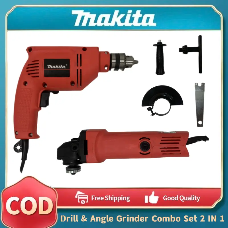 Makita 2Pcs Grinder With Impact Drill Set Red blue Hammer Angle Grinder Protable Tool Barena Set