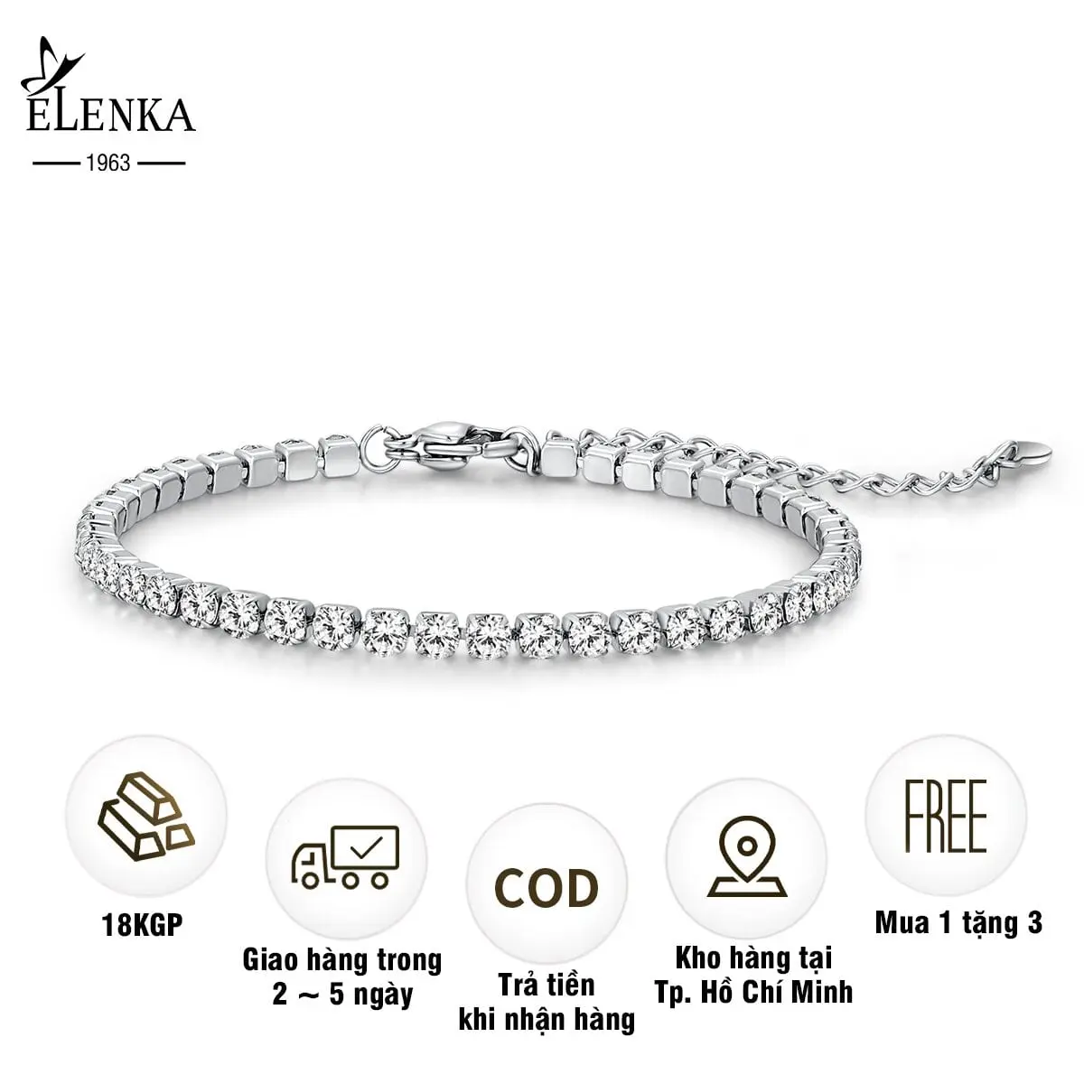 ELENKA - Lắc tay thép Titan màu bạc Tennis đính đá Zircon tròn siêu sáng free size không gỉ vòng  tay nữ vòng  tay