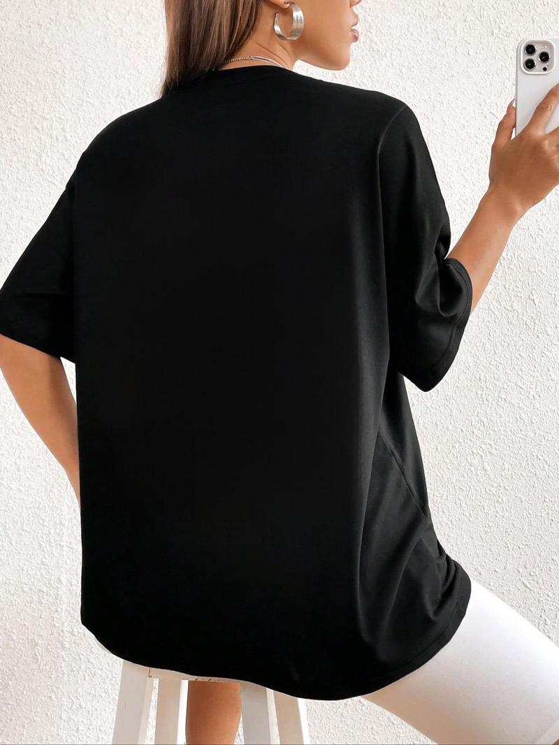 Product Introduction of Women's Plain / Letter Print Drop Shoulder Tee, Casual Comfy Graphic Print Half Sleeve Round Neck T-Shirt for Summer, Fashion Simple Women's Top for Daily Wear, Clothing 2