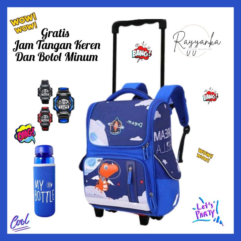 Tas Troli Backpack Dinoo Space Untuk Laki Laki PAUD TK SD Free Jam Tangan Dan Botol Minum Keren 2