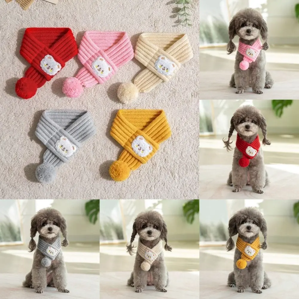 onmini New Cartoon Bear Dog Cat Scarf Knitted Warm Puppy Scarves Solid Color Cute Pet Accessories for Poodle Yorkshire