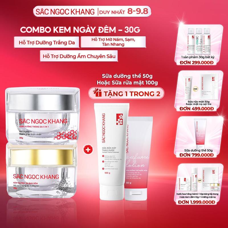[Tặng Sữa Rửa Mặt 100g] Combo Kem Hỗ Trợ Dưỡng Sáng Da Sắc Ngọc Khang [30G] - Kem Ngày Đêm Dưỡng Ẩm Hỗ Trợ Nếp Nhăn, Nám Sạm, Tàn Nhang
