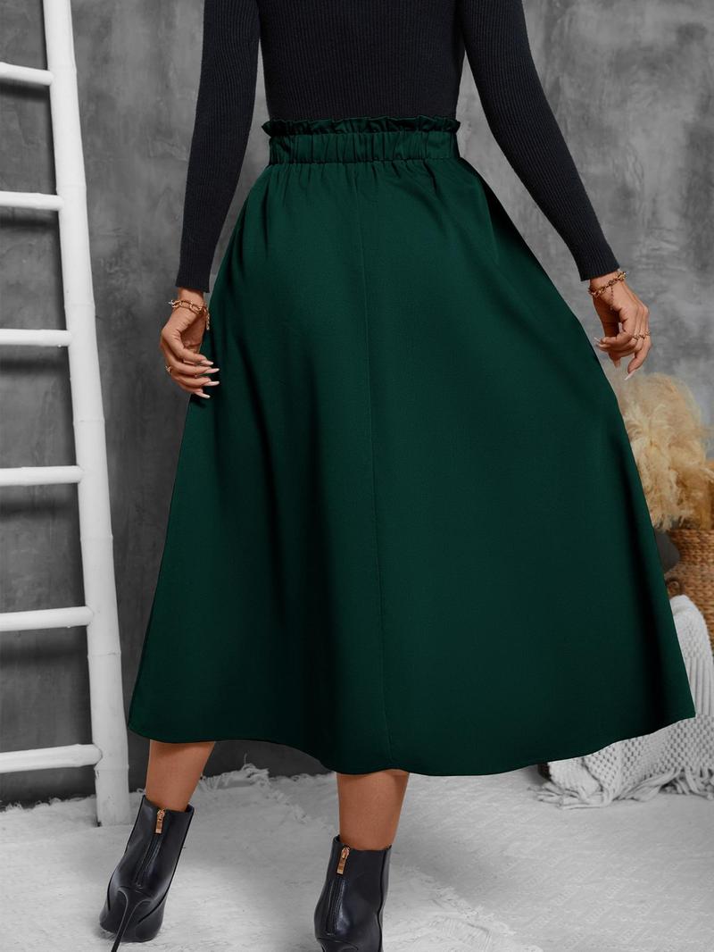 Product Introduction of 【2025】Women's Solid Frill Trim Elastic Waist Skirt, Casual Fashion Pocket A Line Midi Skirt for Daily Outdoor Wear, Women's Bottoms for Spring & Fall 7