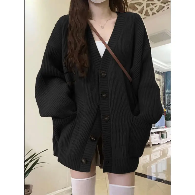 Áo Cardigan Len, Màu Đen, Cổ Chữ V Lười Biếng, Một Hàng Cúc, Dành Cho Nữ, Thích Hợp Cho Mùa Xuân Và Mùa Thu, Phong Cách Hàn Quốc, Dáng Rộng Vừa Vặn, Áo Len 0