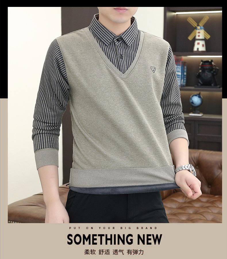 Product Introduction of 2024 Winter Fleece-lined Thickened Integral Velvet Sweater Men's False Two Pieces Knitted Sweater Youth Pu Handsome Men's Shirt Nam Slipper 10