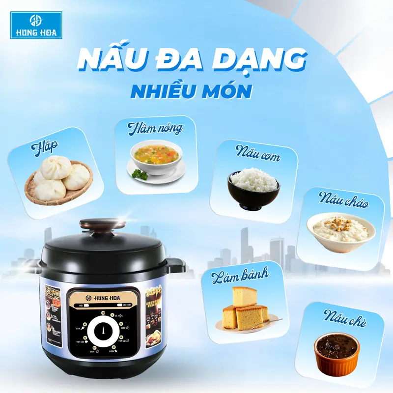 Nồi Áp Suất Chính Hãng 1.5 lít Hùng Hoa: Nắp nồi chống bỏng; 12 chức năng nấu; Tiết kiệm thời gian, tiết kiệm điện; Kiểm soát nhiệt độ tự động; Tặng kèm túi vải cao cấp hoặc Hộp đựng thức ăn + Muôi xới cao cấp 3