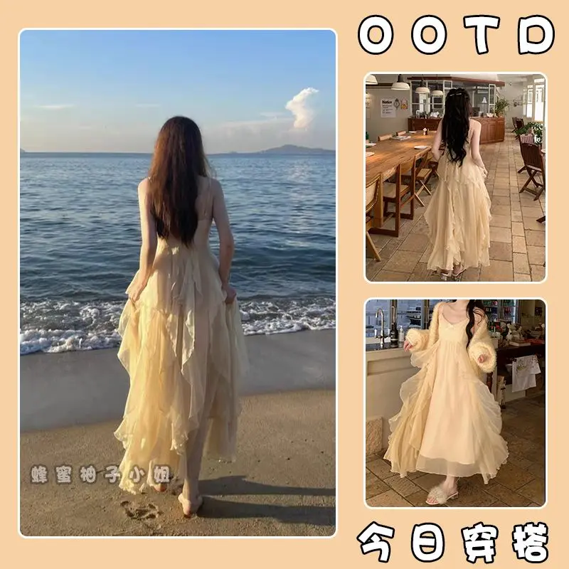 2025 Beach Vacation French Style Spaghetti Strap Dress for Women 2024 Summer High-end Beach Dress Gentle Wind First Love Fairy Long Dress