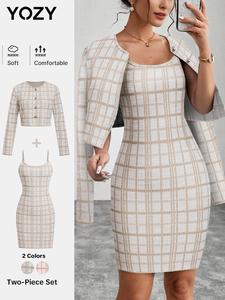 YOZY Women's Plaid Print Button Front Crop Jacket & Cami Dress Two-piece Set, Casual Long Sleeve Outerwear & Bodycon Dress for Spring & Fall, Women's Clothes for Daily Wear, Spring & Fall Outfits