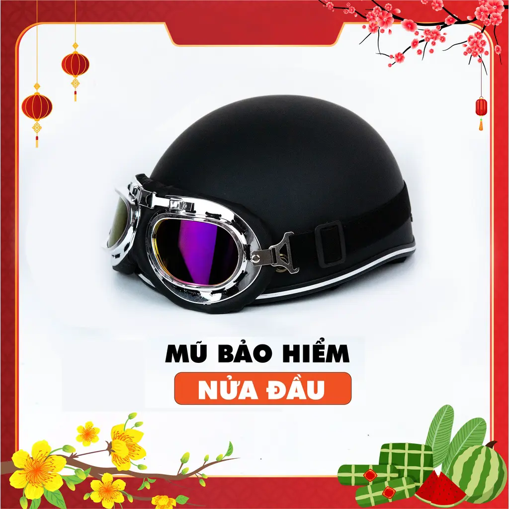 Mũ bảo hiểm nửa đầu đen trơn kính phi công chính hãng